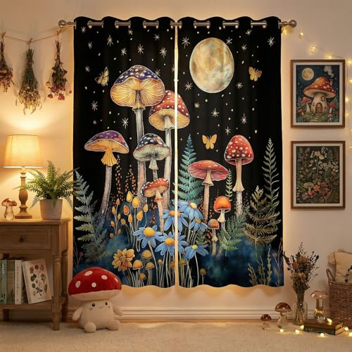 Mushroom Blackout Curtains for Bedroom, Whimsical Moody Witchy Home Decor Fairy Forest Drapes, Vintage Botanical Thermal Insulated Darkening Window Panels for Living Room, 55x63 in - color: Mushroom_03, size: 55"W x 63"L (Pack of 1)