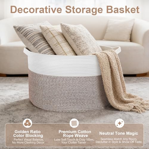 90L Large Blanket Basket Storage with Handles - White & Brown - color: Brown & White, size: 90L