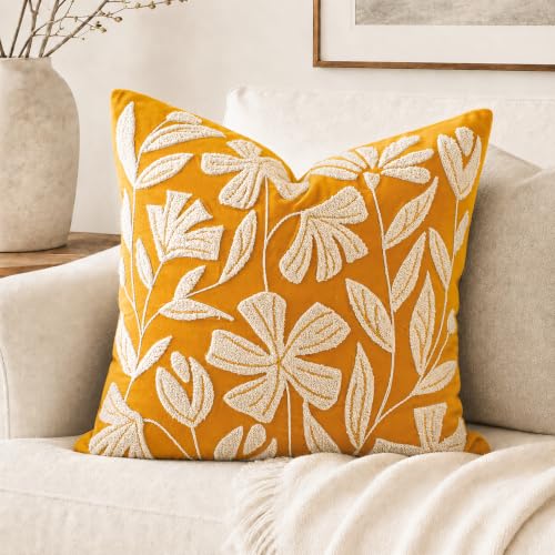 BlissBlush Throw Pillow Cover 20x20 Inch, Mustard Floral Tufted Velvet Decorative Accent Pillow Case for Sofa Bed Living Room, Cover Only - color: Yellow Mustard, size: 20" x 20" (Pack of 1)