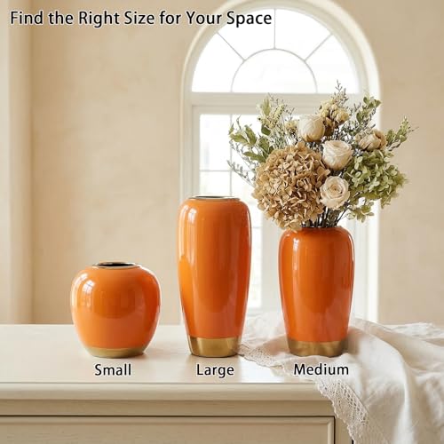 Orange Ceramic Vase for Table, 11.8 Inch Tall