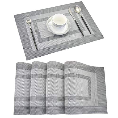 PIGCHCY Placemats - Heat Resistant, Washable Woven Table Mats - Durable Vinyl - Set of 4 (Silver Black) - color: Box: Silver Black, size: 4 Placemats