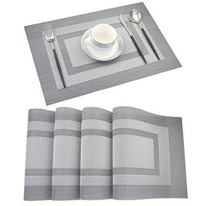 PIGCHCY Placemats - Heat Resistant, Washable Woven Table Mats - Durable Vinyl - Set of 4 (Silver Black) - color: Box: Silver Black, size: 4 Placemats