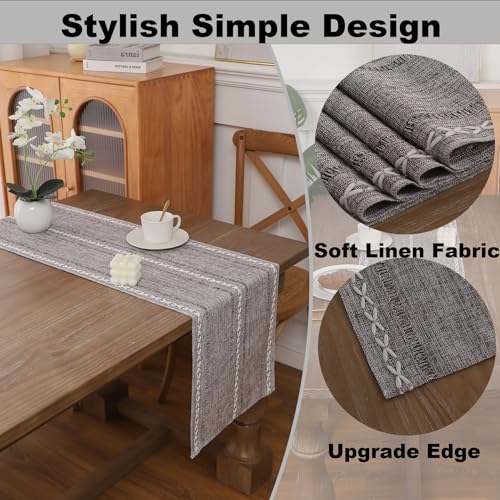 Gernaice Boho Table Runner, Rustic Embroidered Cotton Linen Farmhouse Table Runners for Holiday Wedding Dining Living Room Bedroom Home Decor, 72" L X 13" W Dark Brown - size: 13" X 72", style: Hemstitched Coffee