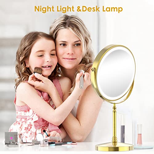 DEIOVWXS Makeup Mirror, Rechargeable Vanity Mirror with 3 Lights, 1X/10X - color: Brushed Bronze