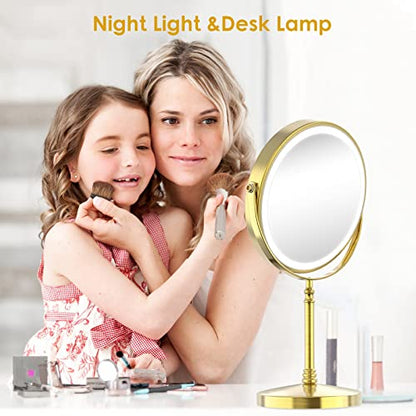 DEIOVWXS Makeup Mirror, Rechargeable Vanity Mirror with 3 Lights, 1X/10X - color: Brushed Bronze