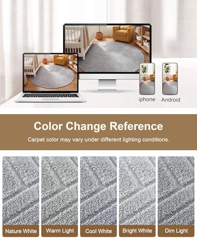 Carvapet 5.2ft Round Rug Light Grey Modern Washable High Low Pile Carpet - color: Yarn Light Gray, size: 5.2' Round