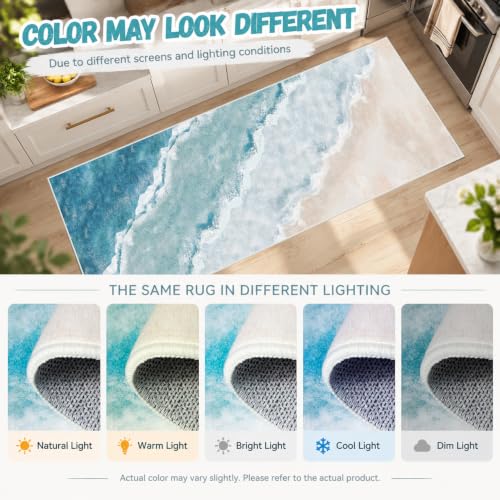Beach Pattern 3x4ft Runner Rug Non Slip Washable Kitchen Runner Rug with Rubber Backing，Low-Pile Soft Washable Runner Rugs for Hallway Entryway Kitchen Bedroom Living Room Bathroom - color: Light Blue Beach, size: 3' x 4' (Rug)
