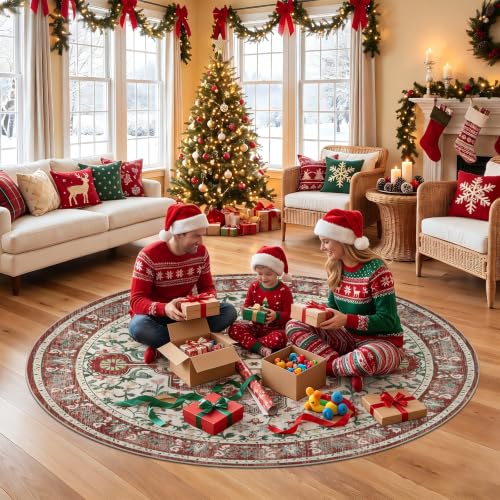 U'Artlines Red Christmas Round Area Rug 6ft Boho Washable Holiday Carpet - color: Christmas Red, size: 6' (Round)