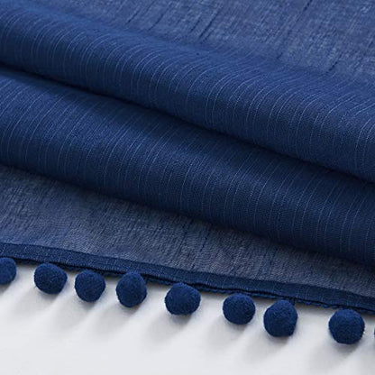 Pom Pom Blue Sheer Curtains for Bedroom 52x63" Kids Room Window Drapes Navy - color: Classic Blue, size: 52"W x 63"L (Pack of 2)