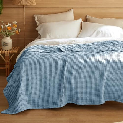 Bedsure Lightweight 100% Cotton Waffle Blanket, Twin XL, Celestial Blue - color: Celestial Blue, size: Twin Xl (66" X 90")
