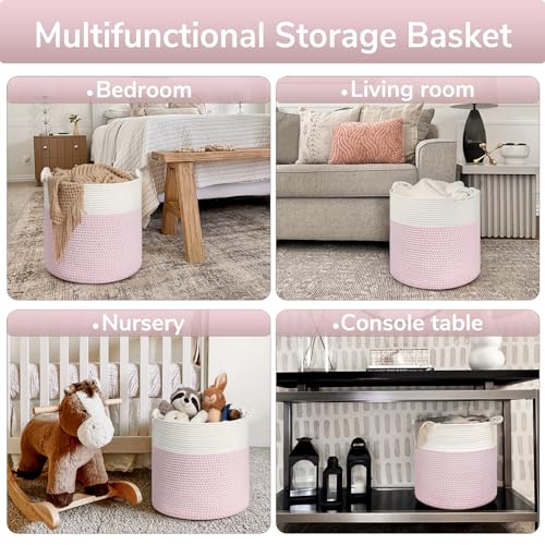 Goodpick Woven Rope Blanket Basket Living Room, 40L, Pink - color: Pink, size: 15 × 14.2 inches