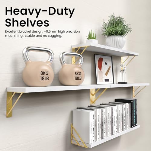 BAYKA 22.4 in Long Wall Mounted Floating Shelves (White and Gold, Set of 4) - color: B. White Board & Gold Brackets, size: 22.4 inches Uniform