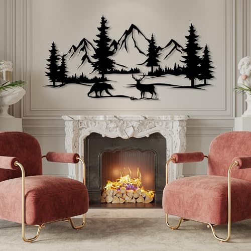 DecoSoul Mountain & Forest Metal Wall Art - Extra Large Farmhouse Wall Decor, Pine Tree & Bear Outdoor Metal Sign, Mountain Range View, Housewarming Gift - style: Mountain, Forest, Bear and Deer