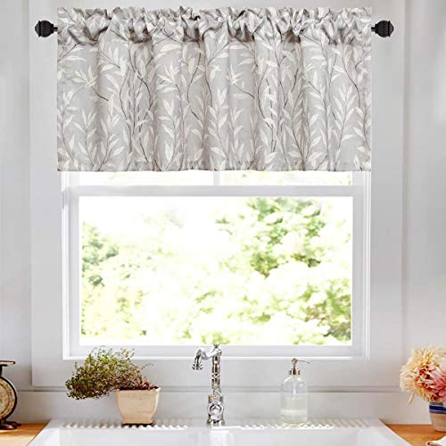 VOGOL Window Short Curtains Valances for Bedroom Dining Room, Rod Pocket Rustic Style Lovely Leaf Print Small Curtain Drapes Valance for Cafe Room Kitchen, 52 x 18, Grey - color: Grey, size: 52"W x 18"L (Pack of 1)