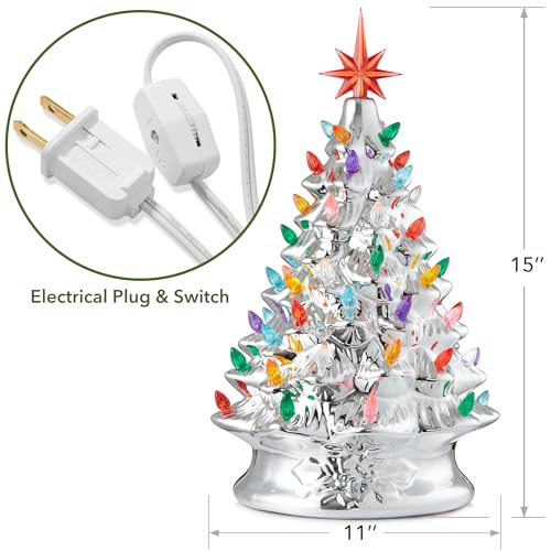 Casafield Hand Painted Ceramic Christmas Tree, Silver 15-Inch Pre-Lit Tree with 128 Multi Color Lights and 2 Star Toppers - color: Silver