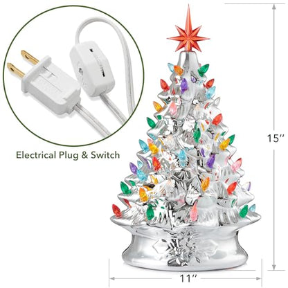 Casafield Hand Painted Ceramic Christmas Tree, Silver 15-Inch Pre-Lit Tree with 128 Multi Color Lights and 2 Star Toppers - color: Silver