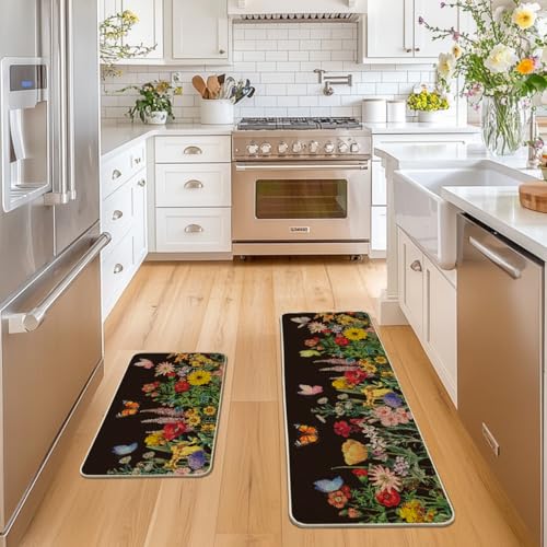 Artoid Mode Black Flowers Butterfly Spring Kitchen Mats Set of 2, Seasonal Home Decor Leaves Low-Profile Kitchen Rugs for Floor - 17x29 and 17x47 Inch - color: Black, size: 17" x 29" /17" x 47"