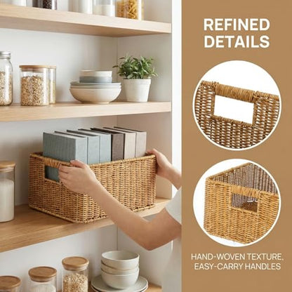 Hemobllo Imitation Woven Rattan Basket Desktop Storage Bin with Handles Large Capacity Shelf Organizer for Organizing Toys Pantry Sundries 13.38''