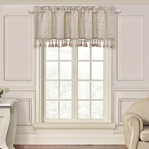 Loom and Mill Luxury Jacquard Valances for Windows, Light Taupe, 54"x18" - color: Light Taupe+gold