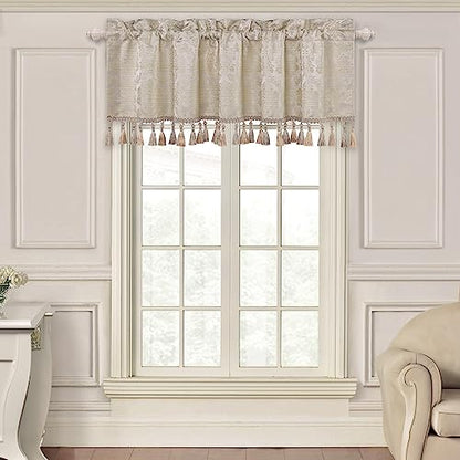 Loom and Mill Luxury Jacquard Valances for Windows, Light Taupe, 54"x18" - color: Light Taupe+gold