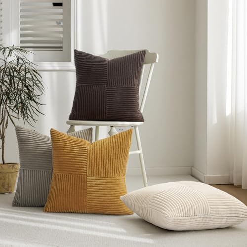 Topfinel Gold Brown Vintage Throw Pillow Covers Set of 4,Rustic Warm Velvet Gold Brown Cushion Covers with Corduroy,Soft Accent Pillowcases for Couch,Bed,Living Room Home Decor 22×22 Inch - color: Gold Brown, size: 22" x 22" (Pack of 4)