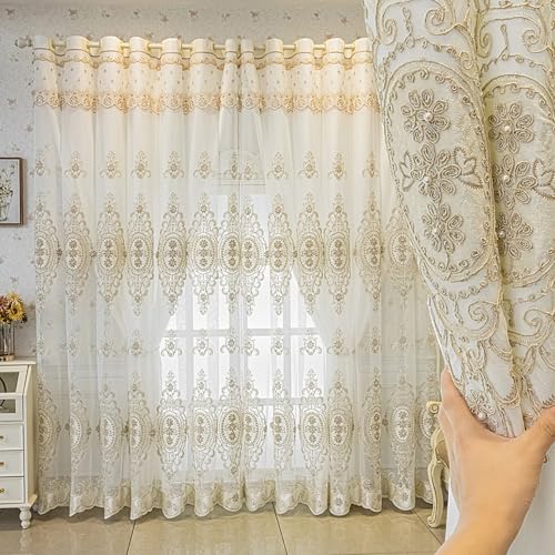 Amidoudou 1 Pair European Double Layer Curtains with Valances for Living Room Bedroom Luxury 3D Flower Embroidered Semi-Blackout Curtains (White,51x84 Inch) - size: 51"W x 84"L (Pack of 2)