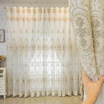 Amidoudou 1 Pair European Double Layer Curtains with Valances for Living Room Bedroom Luxury 3D Flower Embroidered Semi-Blackout Curtains (White,51x84 Inch) - size: 51"W x 84"L (Pack of 2)