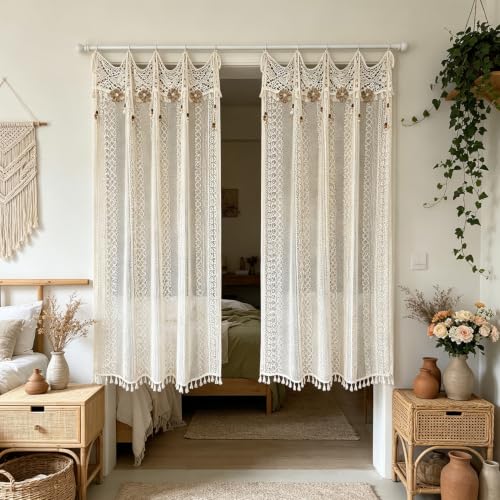 Boho Crochet Lace Sheer Curtains for Living Room Doorway Entryway Window - size: 55"W x 63"L (Pack of 1)
