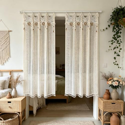 Boho Crochet Lace Sheer Curtains for Living Room Doorway Entryway Window - size: 55"W x 63"L (Pack of 1)