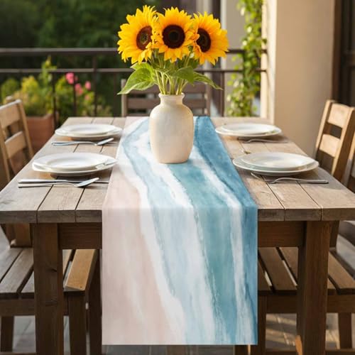 Ombre Coastal Table Runner 36 Inches Long,Summer Ocean Beach Beige Cotton Linen Table Runners Dresser Scarves,Gradient Blue Waves Fabric Tabletop Scarf Furniture Cover for Home Dinner Party 13"x36" - color: Light Blue Green Beige, size: 13x36 Inches
