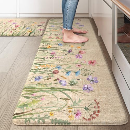 KIMODE Anti Fatigue Kitchen Mats, Brown Farmhouse Kitchen Rugs Sets of 2 - color: Floral/Brown, size: 47"L x 20"W x 0.47"Th + 32"L x 20"W x 0.47"Th