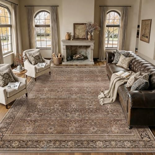 Schweek 10x14 Washable Area Rug Brown Neutral Vintage Distressed Large Rugs - color: Brown, size: 10' x 14' (Rectangular)