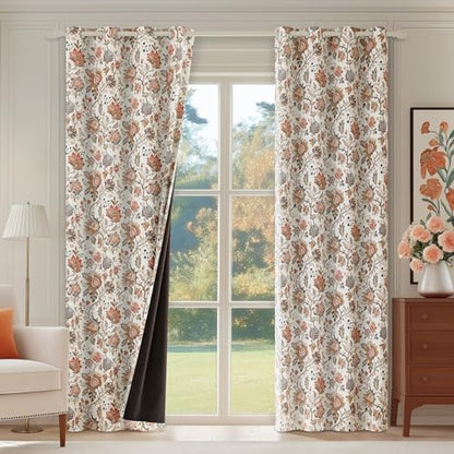 FMFUNCTEX Beige Boho Blackout Floral Curtains, 52X63 Inches, 2 Panels - color: Beige, size: 52"W x 63"L (Pack of 2)