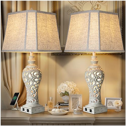 LuxSight Collection 32" Table Lamp Set of 2 with Nightlight and 2 USB Ports - color: Cream-Set of 2, size: 32 inch