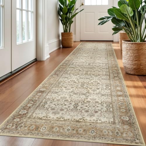 SIILOOM 2.6x10 Washable Runner Rug, Non Slip Area Rug for Hallway Kitchen - color: Beige/Brown, size: 2'7" x 10' (Runner)