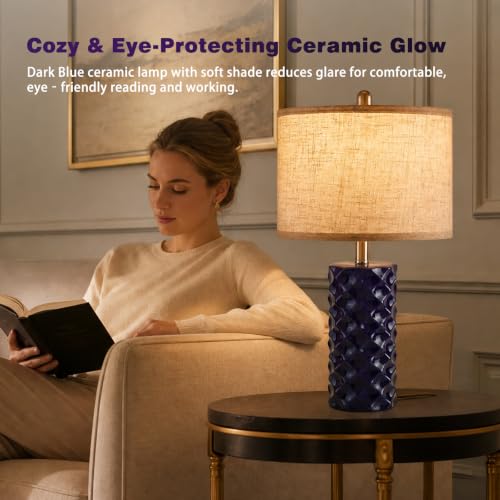 Star Diamond Ceramic Table Lamps Set of 2 - Dark Blue Nightstand Lamps 23" - color: Dark Blue