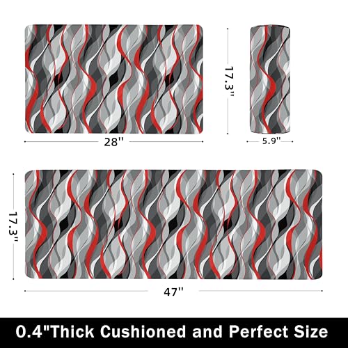 Kitchen Mats for Floor Modern Abstract kitchen rugs Grey and Red Stripe Anti Fatigue Kitchen Mats Waterproof Floor Mats Cushioned Non-Skid Standing Mats for Kitchen, Set of 2,17.3 x 28+17.3 x 47 - color: Grey and Red