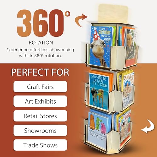 Rotating Greeting Card Display Stand, 3 Tier Wooden Organizer, 4-Sided Display Rack Spinning Multi-Pocket Display for Coasters, Stickers, Retail, Tradeshow - A4, A6, A7, 5"x7", 4 bar (Natural) - color: Natural