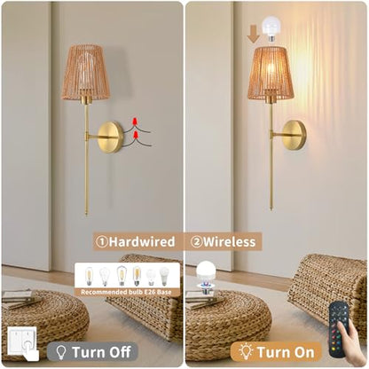 Battery Operated wall sconces Set of Two,Rattan Shade Gold with Remote Rechargeable Light Bulbs,dimmable RGB,Living Room,Bedroom,Hallway,Bathroom can be Used - color: Gold 24.4 Inch