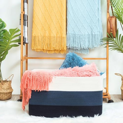MINTWOOD Design 22in Extra Large Blanket Basket Holder Living Room, Rectangle Rope Woven Storage Basket with Handles for Laundry, Pool Towels, and Shoes, Dog Toy Organizer Bin Box, 3-Tone Blue - color: 3-Tone Blue