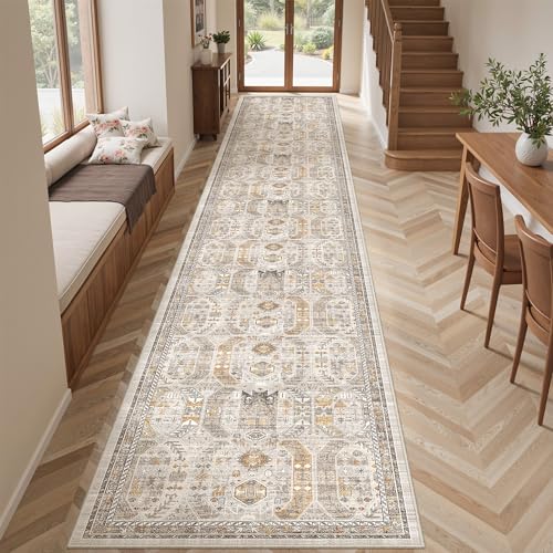 befbee 2'6"x16' Runner Rug for Hallway Washable Non Slip Kitchen Rug - color: Brown/Gold, size: 2'6" x 16' (Runner)