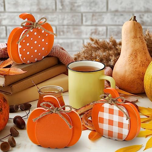 Thyle 3 Pcs Fall Wooden Pumpkin Decor Table Decorations, Orange, White