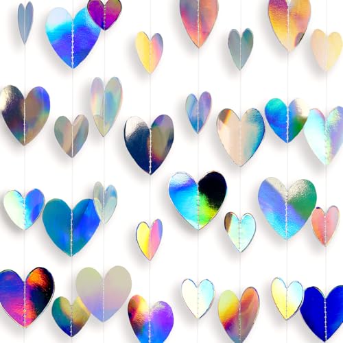 Iridescent Heart-52 FT Garland Party-Decorations Streamers Banner - Disco Kpop Birthday Holiday Girls Dancing Queen Princess Bachelorette Pajama Party Neon Love Door Decor -Double-Sided - color: Iridescent Silver