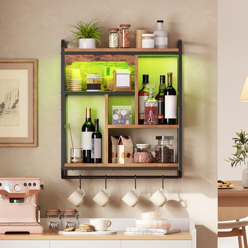 HOOBRO Gaming Floating Shelves for Wall, 26.4" LED wall Shelf Display Rack - color: Rustic Brown + Black