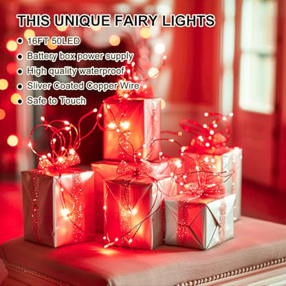 Red Fairy Lights Battery Operated (Included), 8 Modes & Auto Timer, 16FT 50Led Mini Twinkle Silver Wire Firefly Starry Lights, Waterproof Battery Operated Lights for Mason Jars Party Bedroom - color: Red, size: 1 Pack - Batteries Included