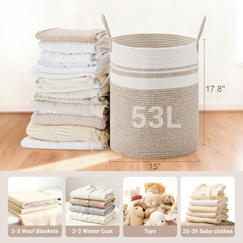 53L Tall Cotton Rope Laundry Basket with Handles, White & Brown - color: Brown & White, size: 53L