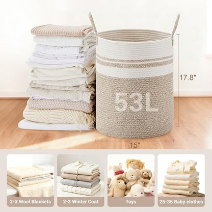 53L Tall Cotton Rope Laundry Basket with Handles, White & Brown - color: Brown & White, size: 53L