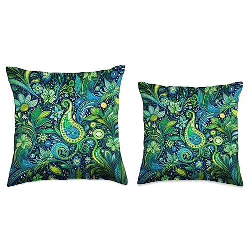 Green Blue Paisley Floral Leaf Pattern Throw Pillow - size: 18x18