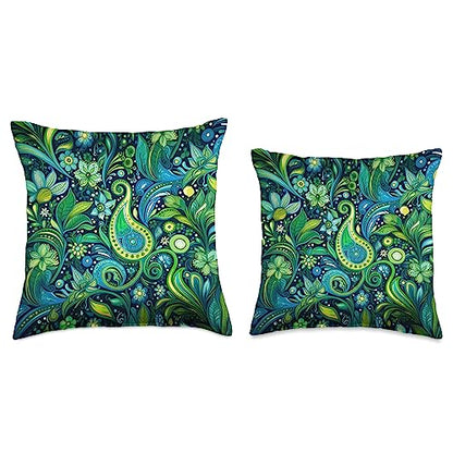 Green Blue Paisley Floral Leaf Pattern Throw Pillow - size: 18x18