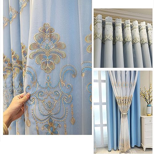Amidoudou 1 Pair European Curtains with Valance Attached Double Layer Curtains for Living Room Bedroom (Blue,51x84 Inch) - color: Blue, size: 51"W x 84"L (Pack of 2)